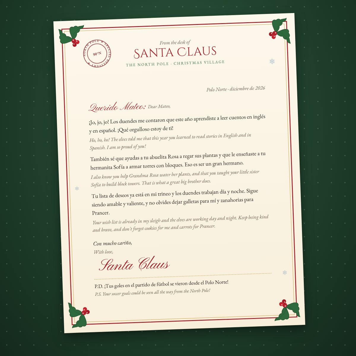 Bilingual Spanish and English letter from Santa